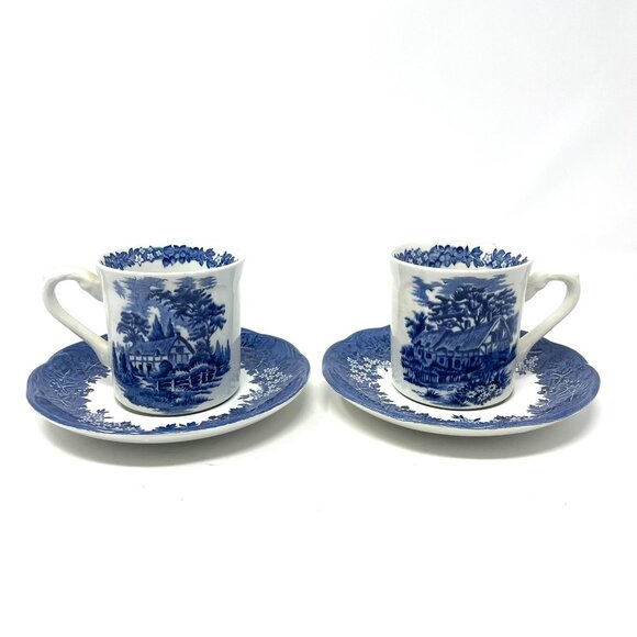 J&G Meakin Blue White Anne Hathway's Cottage Blue & White Cup & Saucer Set 2 - Picture 1 of 9